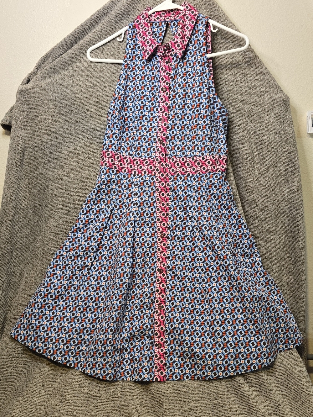 Maeve by Anthropologie Blue and Pink Sleeveless Collared Geometric Mini Dress